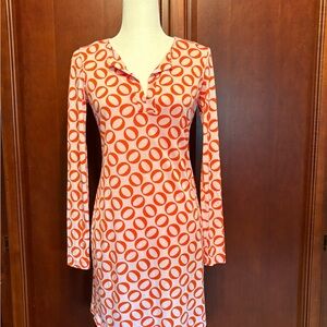 Diane von Furstenberg Reina Silk Orange Patterned Shift V-Neck Dress